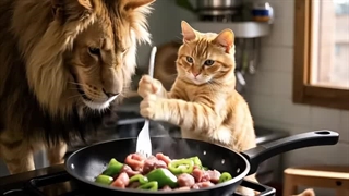 گربه کوچک شیر مجروح را نجات داد و برای پذیرایی از شیر غذای لذیذی تهیه کرد.